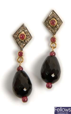 A pair of diamond and garnet dropper earrings,