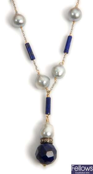 A diamond, lapis lazuli and cultured pearl