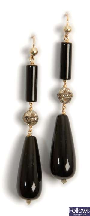 A pair of diamond and onyx dropper earrings, with