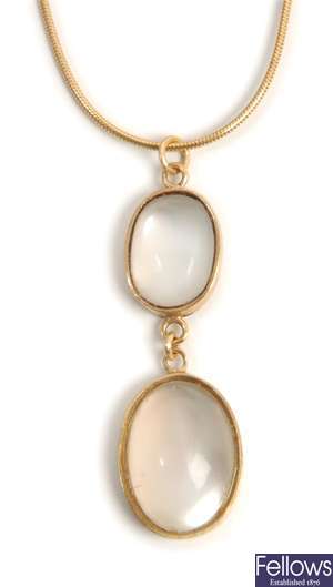 A 9ct gold moonstone set necklet, with two