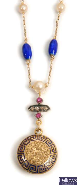 A cultured pearl, diamond and enamelled necklet,
