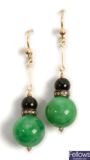 A pair of jade, diamond and onyx dropper