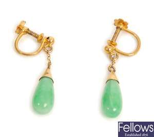 A pair of jade set dropper earrings, with fine