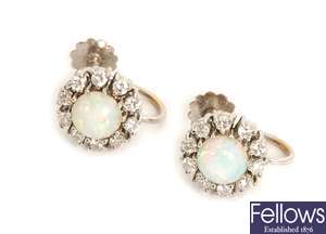 A pair of opal and diamond cluster earrings,
