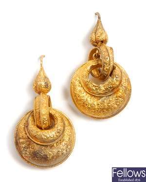 A pair of Victorian Etruscan style earrings, with