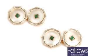 A pair of 18ct gold and platinum mounted emerald