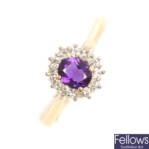 An 18ct gold amethyst and diamond cluster ring,