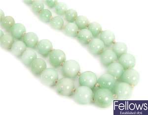 A two row graduated jade bead necklace with a
