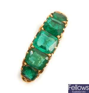 A Victorian carved half hoop emerald ring,