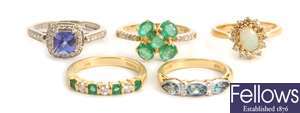 Five 18ct gold stone set rings, to include an