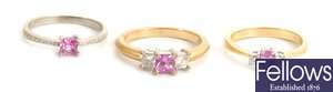 Three 18ct gold pink sapphire and diamond set
