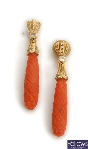 A pair of diamond and coral dropper earrings,