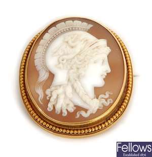 An oval shell cameo brooch, depicting the side