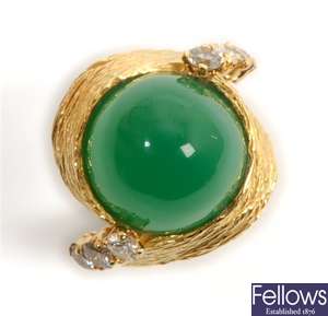 A green chalcedony and diamond cluster ring,