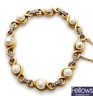 A French cultured pearl and diamond set bracelet,