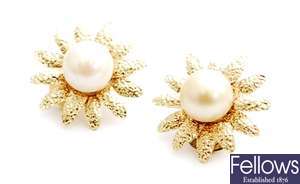 A pair of cultured pearl set floral design clip
