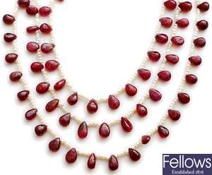 A ruby and pearl necklet, comprising three