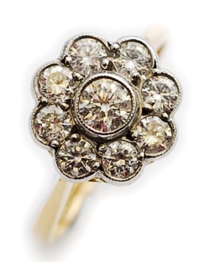 A diamond set cluster ring, comprising a central