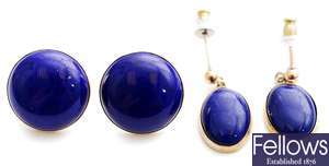 Two pairs of 9ct gold lapis lazuli set earrings,