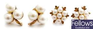 Two pairs of cultured pearl cluster earrings,