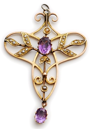 An Edwardian amethyst and seed pearl pendant