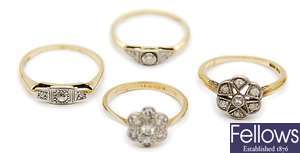 Four diamond set rings, to include a cluster
