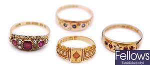 Four Victorian 15ct gold rings - a sapphire and
