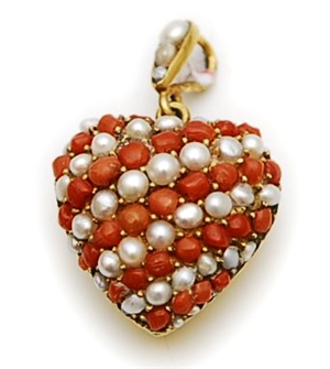 A Victorian coral and split pearl heart pendant,