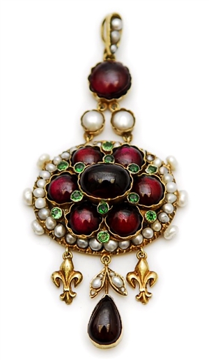 A Continental garnet, cultured pearl and green