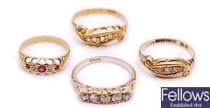 Four rings, to include an 18ct gold five stone