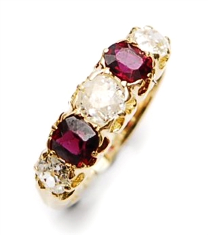 A Victorian 18ct gold five stone ruby and diamond