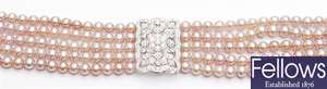 A five stranded cultured pearl bracelet,
