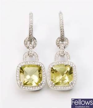 A pair of lime topaz and diamond set dropper