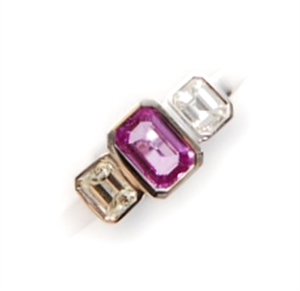 A three stone pink sapphire and diamond ring,