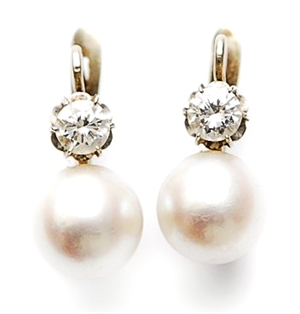 A pair of cultured pearl and diamond set stud