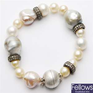 A cultured pearl and diamond set bracelet,
