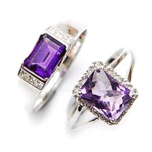 Two 18ct white gold amethyst and diamond set