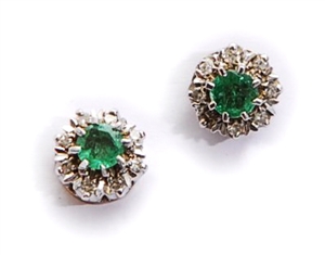 A pair of 9ct gold emerald and diamond cluster