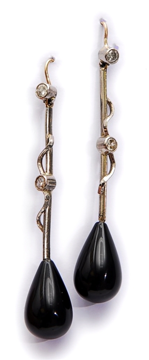 A pair of diamond and onyx set dropper earrings,