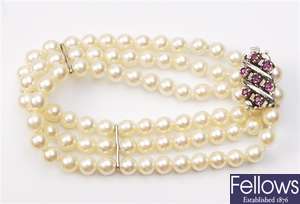 A three row uniform cultured pearl bracelet