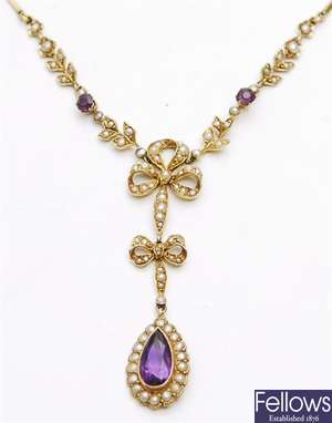 An Edwardian 15ct gold amethyst and split pearl