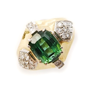 A green tourmaline and diamond ring, comprising a