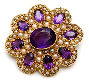 A 9ct gold amethyst and split pearl brooch,
