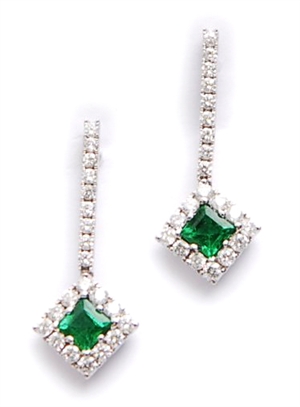 A pair of emerald and diamond dropper earrings,