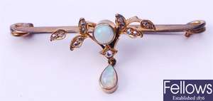 An Edwardian opal and diamond set bar brooch,
