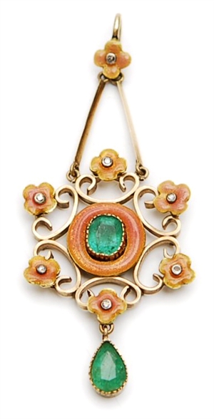 An Art Nouveau ornate emerald and enamel pendant,