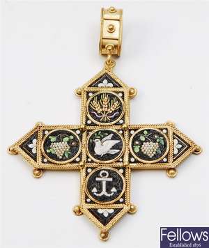 A Victorian micro mosaic cross pendant, with five