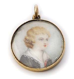 A circular miniature portrait pendant depicting