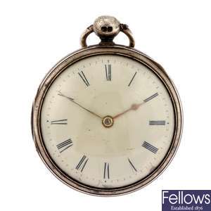 A George III silver key wind open face pocket watch.
