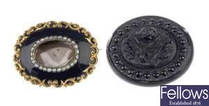 Two mourning brooches, one carved jet brooch of